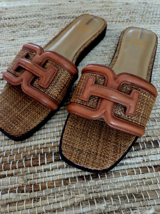 Sam Edelman Shoes - SAM EDELMAN Woven Tan Slide Sandals with Leather Trim